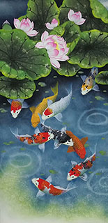 Chinese Koi Fish Painting,69cm x 138cm,2387074-x
