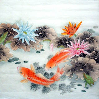 Chinese Koi Fish Painting,66cm x 66cm,2614003-x