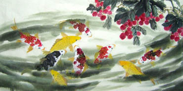 Chinese Koi Fish Painting,66cm x 136cm,2614020-x