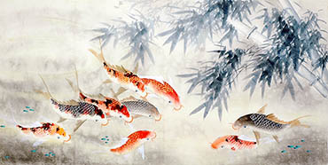 Chinese Koi Fish Painting,68cm x 136cm,2614062-x