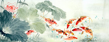 Chinese Koi Fish Painting,70cm x 180cm,2614064-x