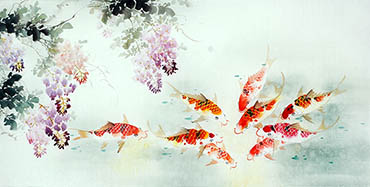 Chinese Koi Fish Painting,68cm x 136cm,2614066-x