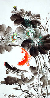 Chinese Koi Fish Painting,68cm x 136cm,2614067-x