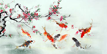 Chinese Koi Fish Painting,68cm x 136cm,2614069-x