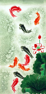 Chinese Koi Fish Painting,68cm x 136cm,2614071-x