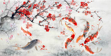 Chinese Koi Fish Painting,68cm x 136cm,2614073-x