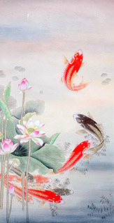 Chinese Koi Fish Painting,68cm x 136cm,2614074-x