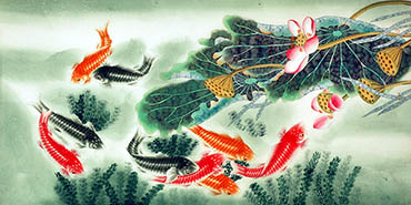 Chinese Koi Fish Painting,68cm x 136cm,2614076-x