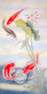 Chinese Koi Fish Painting,68cm x 136cm,2614077-x