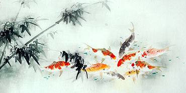 Chinese Koi Fish Painting,68cm x 136cm,2614079-x