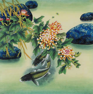Chinese Koi Fish Painting,66cm x 66cm,2615002-x