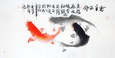 Chinese Koi Fish Painting,50cm x 100cm,2787009-x