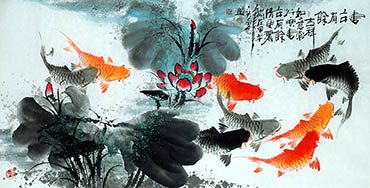 Chinese Koi Fish Painting,34cm x 138cm,2787012-x