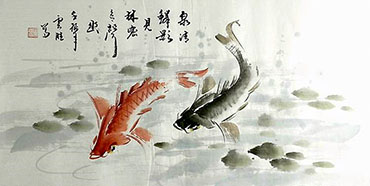 Chinese Koi Fish Painting,50cm x 100cm,tys21113007-x