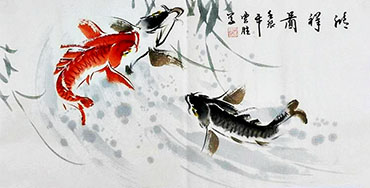 Chinese Koi Fish Painting,50cm x 100cm,tys21113011-x