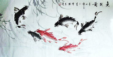 Chinese Koi Fish Painting,68cm x 136cm,tys21113018-x