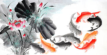 Chinese Koi Fish Painting,68cm x 136cm,xzx21112005-x