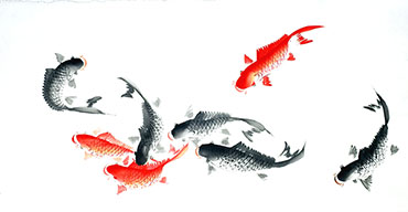 Chinese Koi Fish Painting,68cm x 136cm,xzx21112009-x