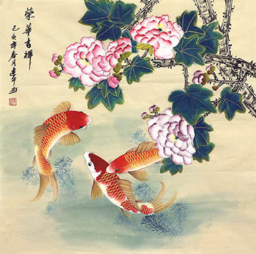 Chinese Koi Fish Painting,68cm x 68cm,zjp21110002-x