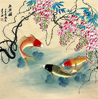 Chinese Koi Fish Painting,68cm x 68cm,zjp21110004-x