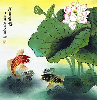 Chinese Koi Fish Painting,68cm x 68cm,zjp21110005-x