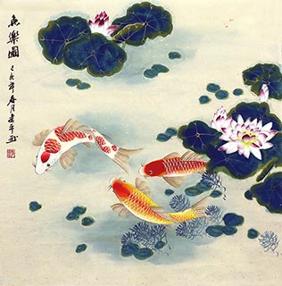 Chinese Koi Fish Painting,68cm x 68cm,zjp21110006-x