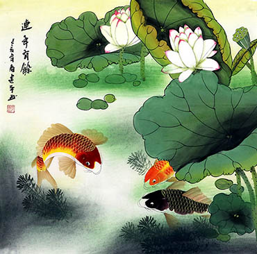 Chinese Koi Fish Painting,68cm x 68cm,zjp21110008-x