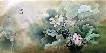 Chinese Lotus Painting,68cm x 136cm,2011023-x