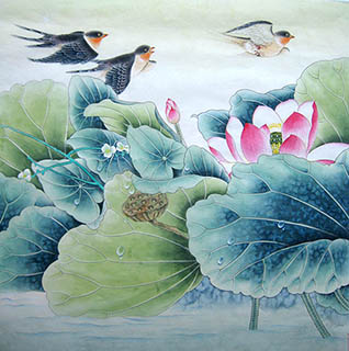 Chinese Lotus Painting,66cm x 66cm,2011028-x