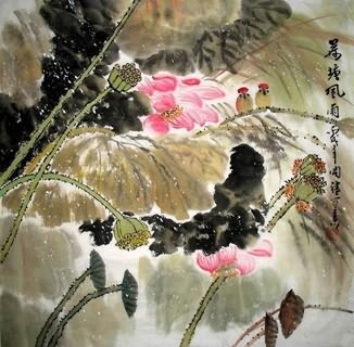 Chinese Lotus Painting,66cm x 66cm,2075002-x