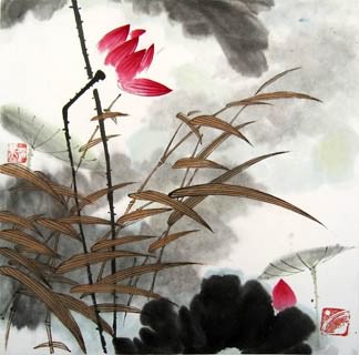 Chinese Lotus Painting,33cm x 33cm,2318010-x
