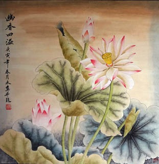 Chinese Lotus Painting,66cm x 66cm,2319013-x