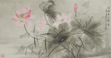 Chinese Lotus Painting,50cm x 100cm,2388007-x