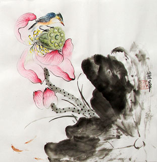 Chinese Lotus Painting,34cm x 34cm,2485060-x