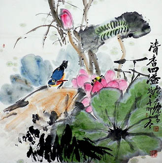 Chinese Lotus Painting,68cm x 68cm,2529005-x