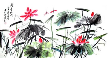 Chinese Lotus Painting,69cm x 138cm,2922002-x