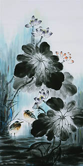 Chinese Lotus Painting,68cm x 136cm,gal21178005-x