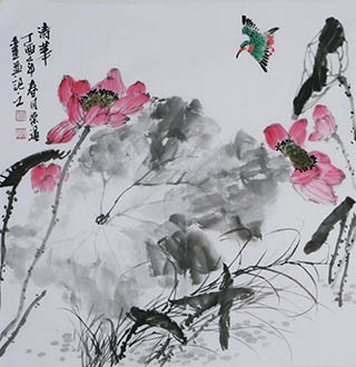 Chinese Lotus Painting,68cm x 68cm,wrf21179004-x