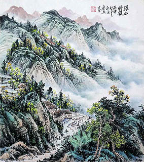 Chinese Mountains Painting,65cm x 55cm,1061049-x