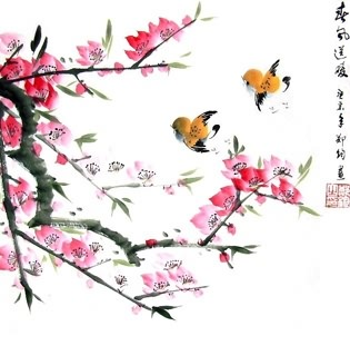 Chinese Peach Blossom Painting,33cm x 33cm,2336065-x