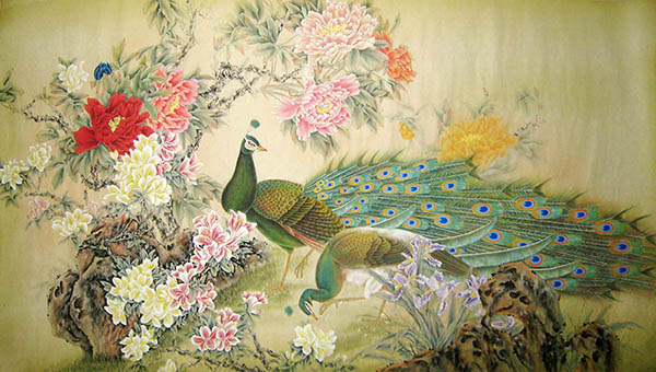 Chinese Peacock Peahen Painting 2011002, 90cm x 180cm(35〃 x 70〃)