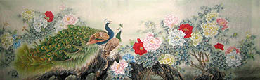 Chinese Peacock Peahen Painting,90cm x 240cm,2011043-x