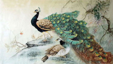 Chinese Peacock Peahen Painting,96cm x 170cm,2352029-x