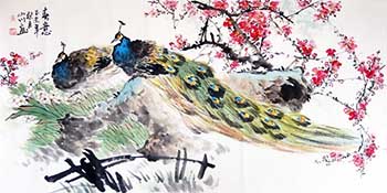 Chinese Peacock Peahen Painting,68cm x 136cm,2357001-x