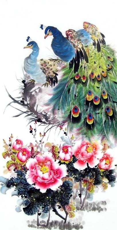 Chinese Peacock Peahen Painting 2370006, 69cm x 138cm(27〃 x 54〃)