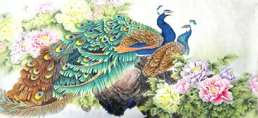 Chinese Peacock Peahen Painting,69cm x 138cm,2387078-x