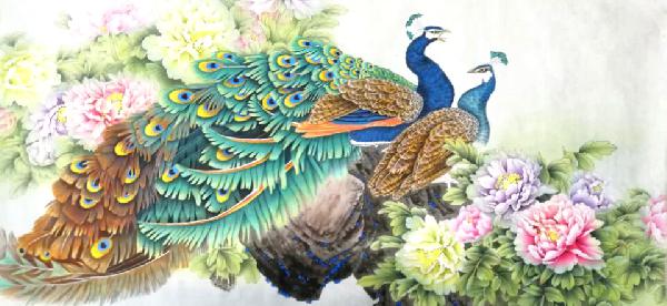 Chinese Peacock Peahen Painting 2387078, 69cm x 138cm(27〃 x 54〃)