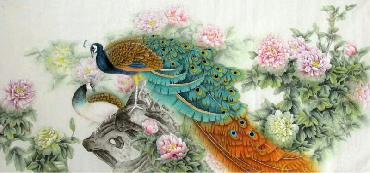 Chinese Peacock Peahen Painting,69cm x 138cm,2387079-x