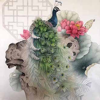 Chinese Peacock Peahen Painting,68cm x 68cm,2387097-x
