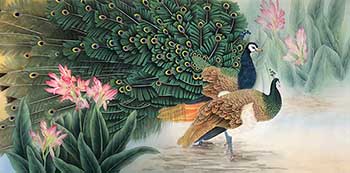 Chinese Peacock Peahen Painting,68cm x 136cm,2387098-x